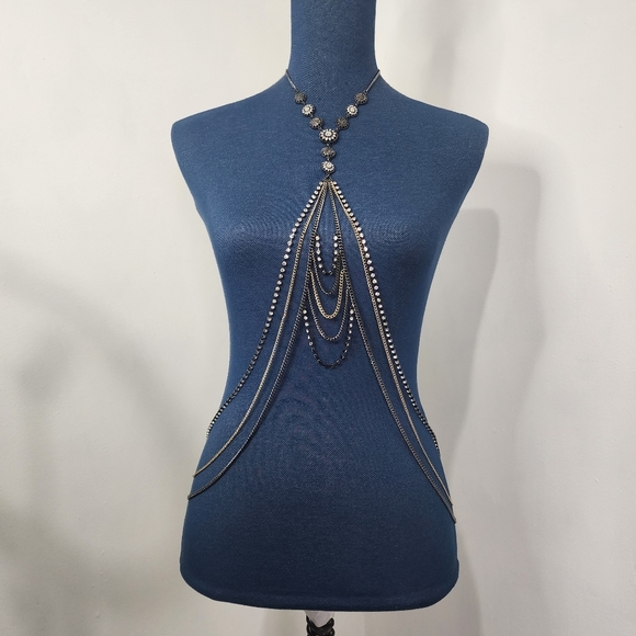 Sexy Gunmetal with Rhinestones Body Chain Jewelry and Earrings Set New - Picture 3 of 9